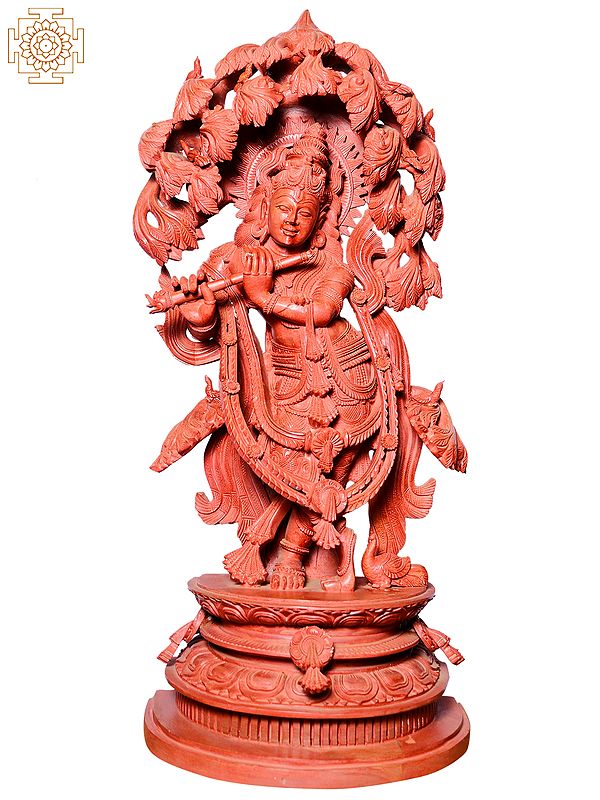 30" Large Shri Krishna Playing Flute In Red Stone