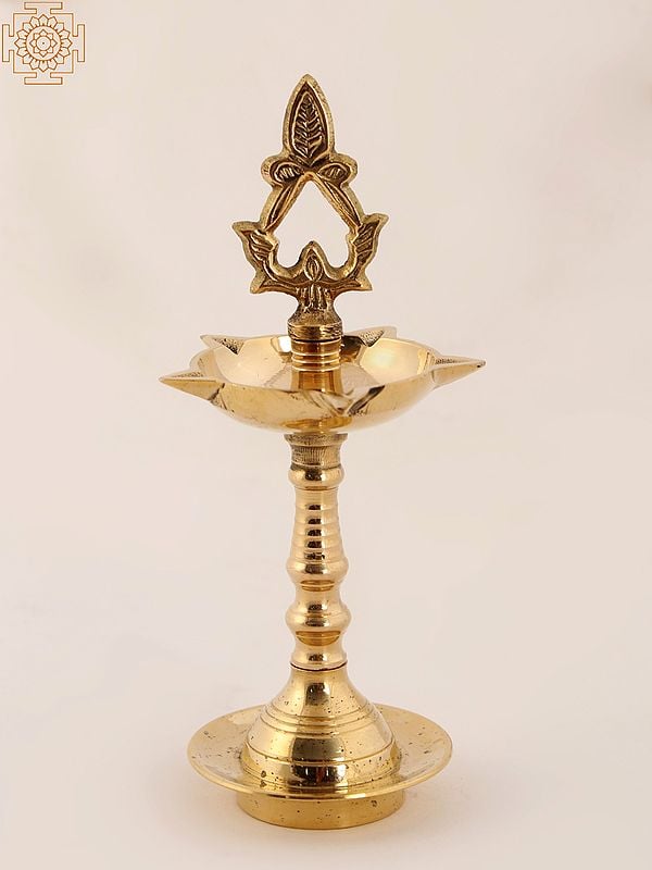 6" Indian Brass Pooja Lamp (Deepam) with Leaf Top