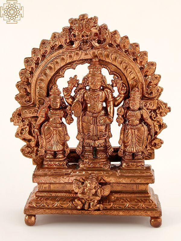 3" Copper Small Hindu Deity Vishnu Idol With Sridevi and Bhudevi