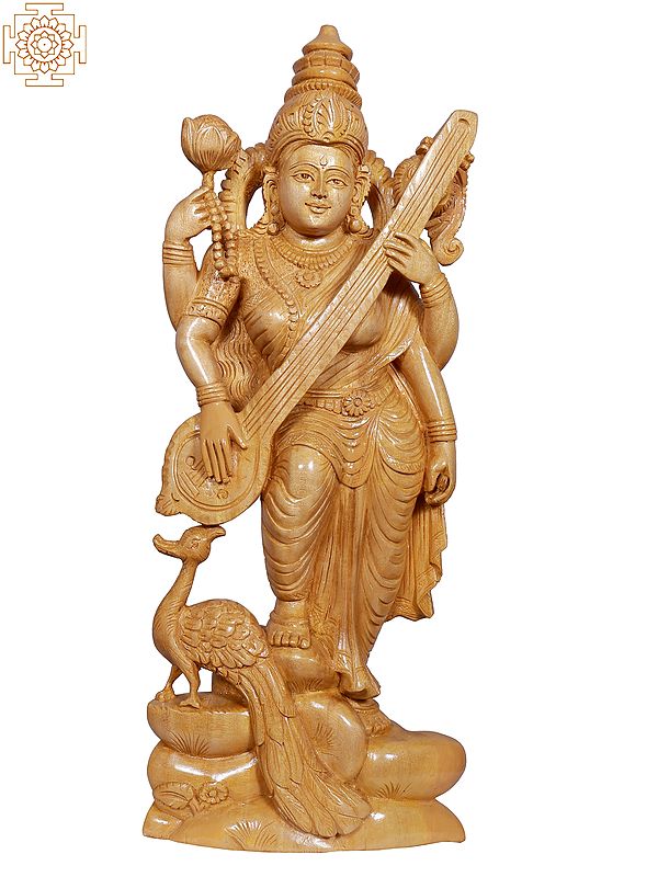 18" Wooden Figure of Goddess Saraswati with Peacock and Veena