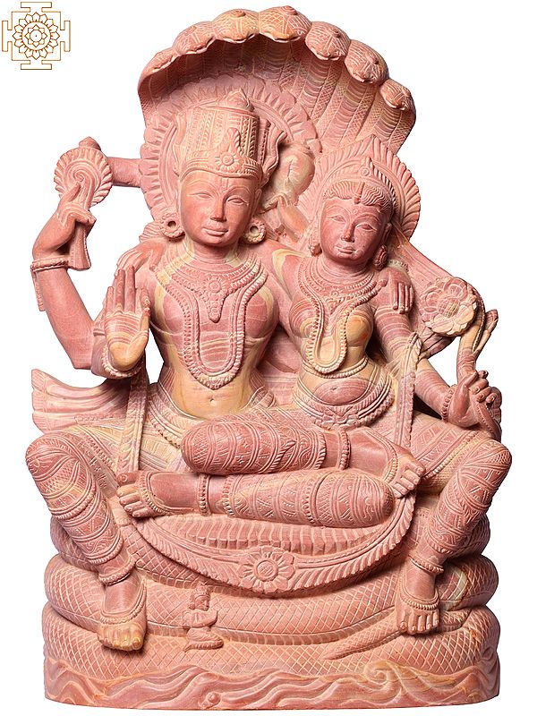 15" Lakshmi Narayan Pink Stone Statue Seated On Pedestal