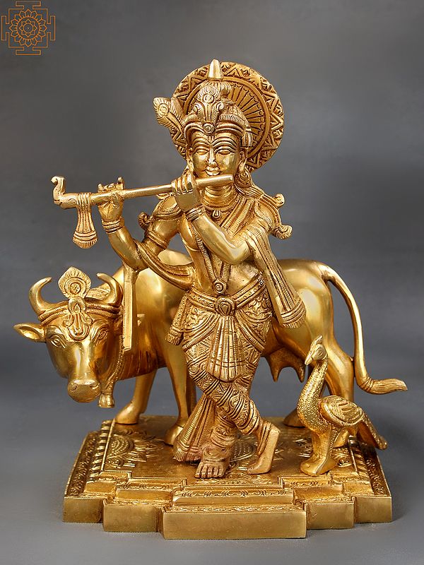 10" Brass Lord Krishna Playing Flute with Cow and Peacock