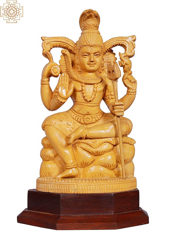 10" Lord Shiva White Wood Statue With Trishul Seated On Pedestal