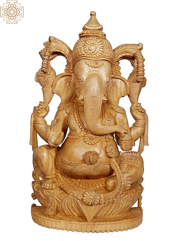 14" Lord Ganpati White Wood Statue Sitting On Lotus
