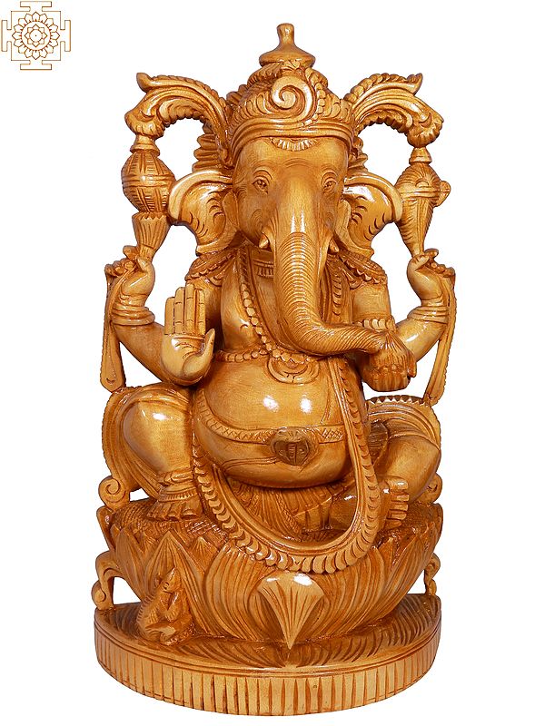 15" Lord Ganesha Whitewood Statue Seated on Lotus Pedestal