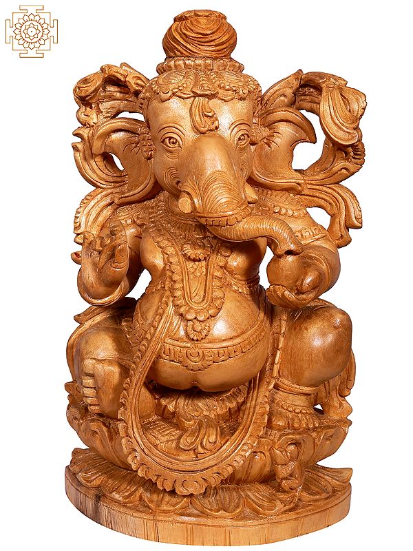 12" Bal Ganesha Idol Seated on Pedestal | White Wood Statue