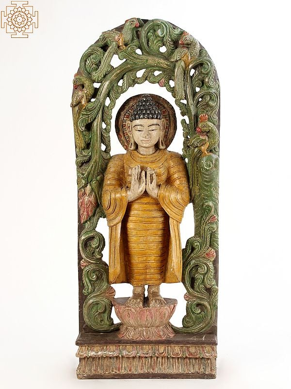 35" Large Wooden Standing Lord Buddha in Dharmachakra Mudra | Wall Panel