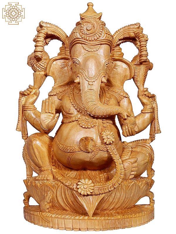 14" Lord Ganpati Idol Seated on Pedestal | White Wood Statue