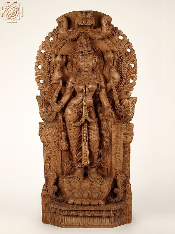 36" Large Wooden Standing Devi Lakshmi on Lotuse | Wall Panel