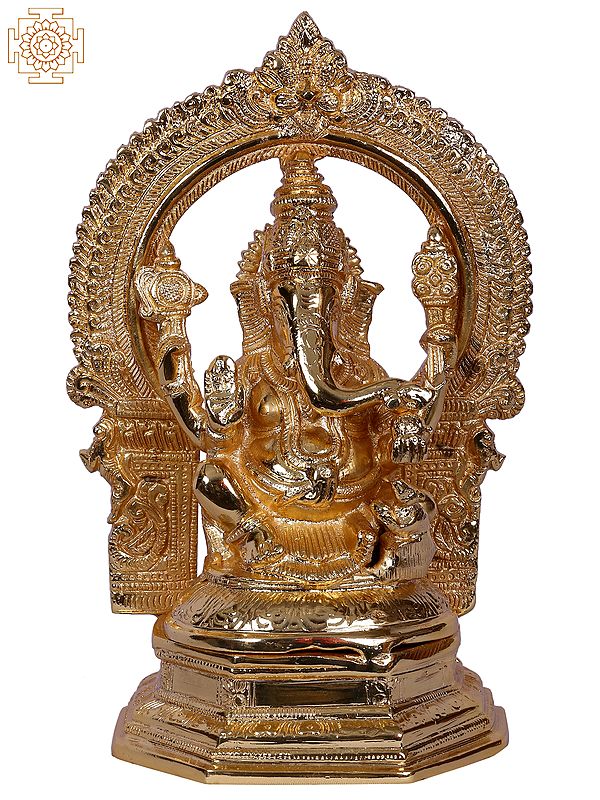 9" Lord Ganesha Idol With Arch - Sculpted from Shiny Brass
