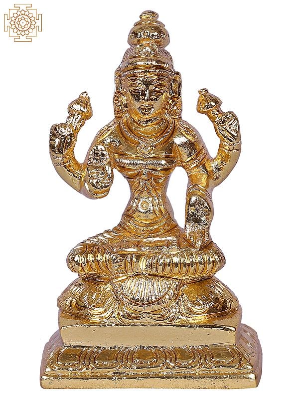 3" Goddess Lakshmi Brass Idol Seated On Pedestal