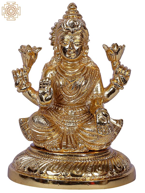 5" Goddess Lakshmi Brass Statue Seated on Pedestal