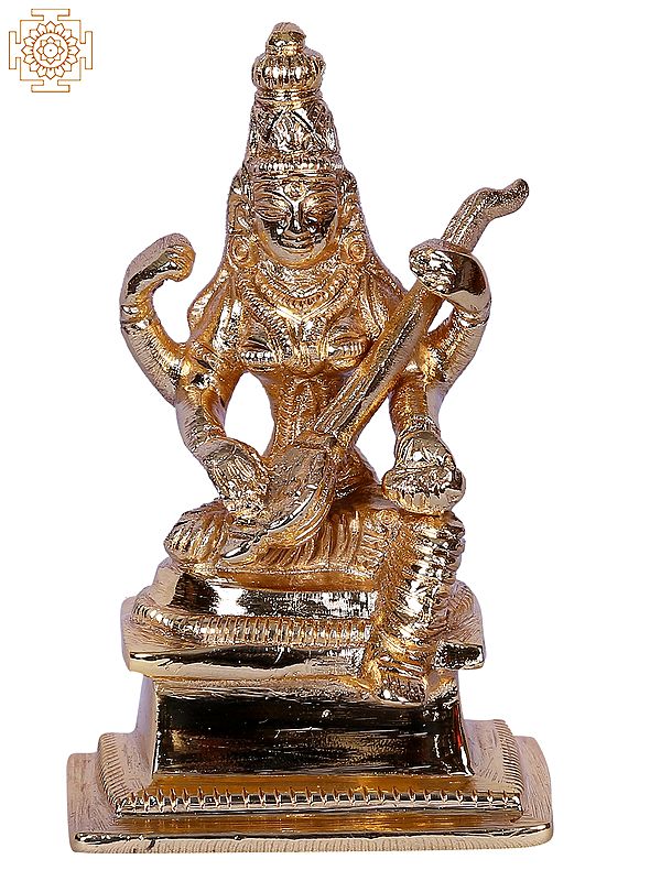 3" Small Goddess Saraswati Seated On Throne | Gold Plated Brass Statue