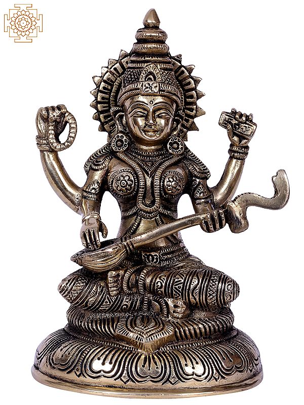8" Goddess Saraswati Seated On Throne With Veena | Brass Statue