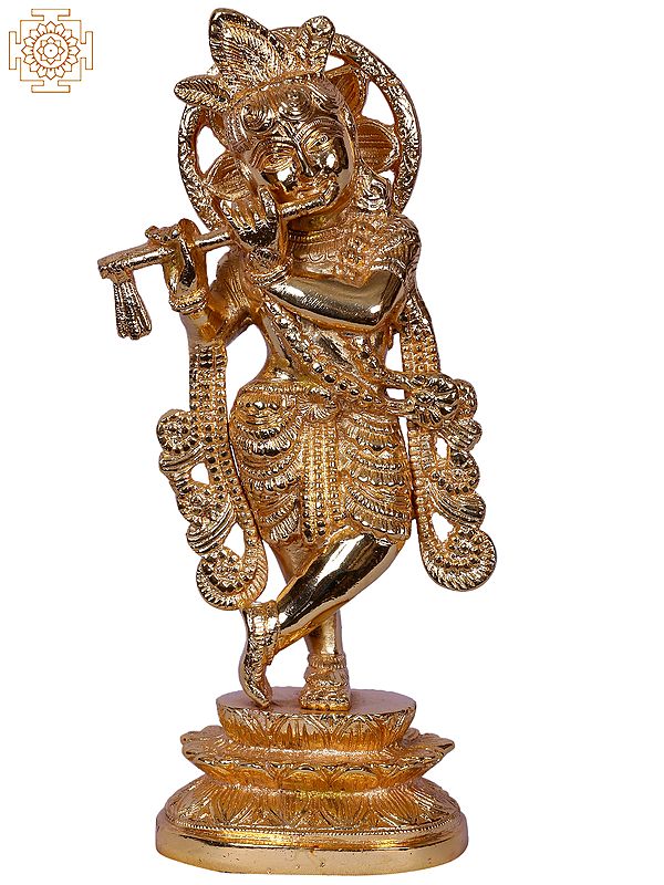 10" Lord Krishna Standing With Flute On Pedestal | Gold Plated Brass Statue