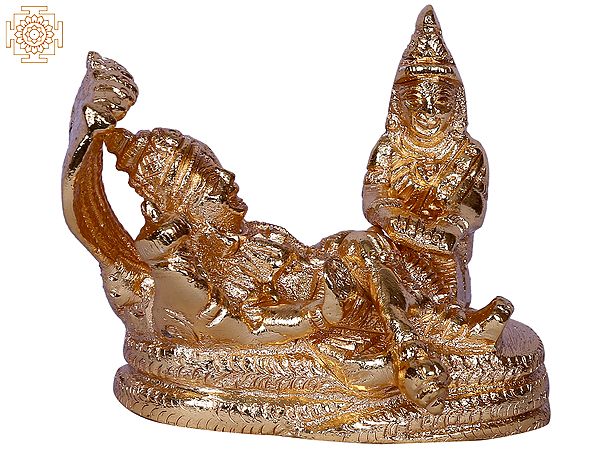 2" Small Lord Vishnu With Goddess Lakshmi | Gold Plated Brass Statue