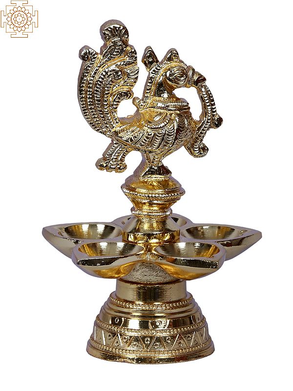 Five Wick Peacock Lamp | Brass Diya | Gold Plated