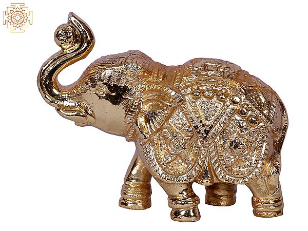 2'' Small Elephant Figurine With Coconut | Gold-Plated Brass Idols