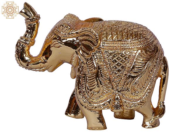 4'' Small Traditional Dressed Elephant Statue with Gold-Plated Brass