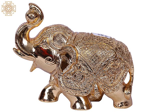 4'' Small Elephant Statue With Playing With Ball | Gold-Plated Brass Figurines
