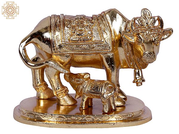 2" Mother Cow with Calf Figurine | Gold-Plated Brass Statue