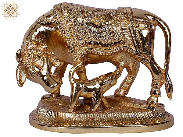 4" Mother Cow With Calf | Decorated Gold Plated Brass Statue