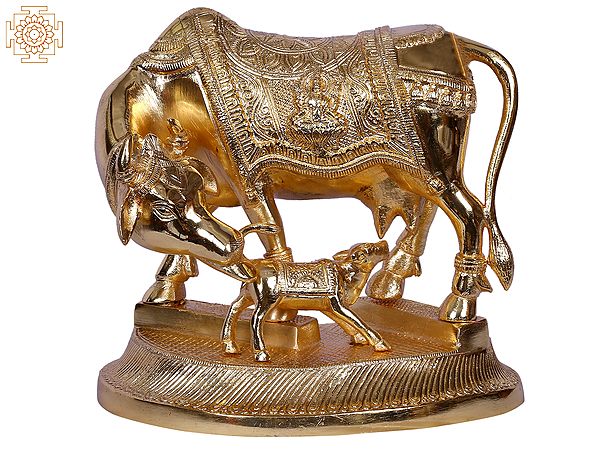 9" Mother Cow With Calf | Decorated Gold Plated Brass Statue