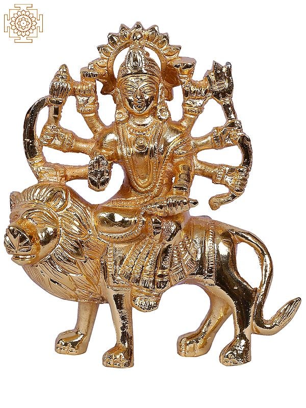 5'' Goddess Durga Seated on Lion | Gold-Plated Brass Idol