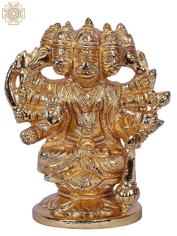 4'' Small Panchamukhi Hanuman Statue Seated With Gada | Gold-Plated Brass Idols