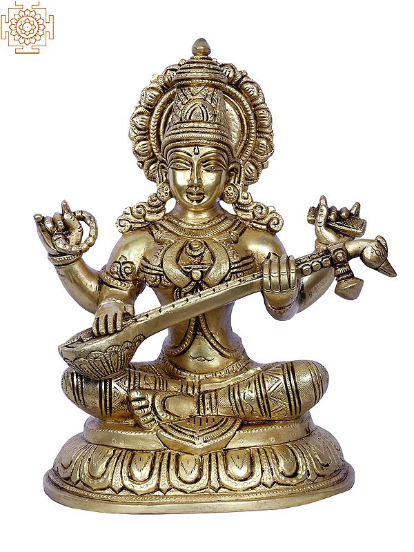 10'' Goddess Saraswati Playing Sitar | Gold-Plated Brass