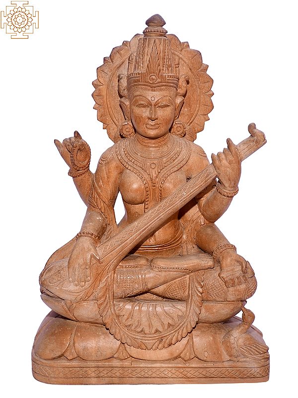 12" Hindu Goddess Saraswati Playing Sitar | Orissa Wood
