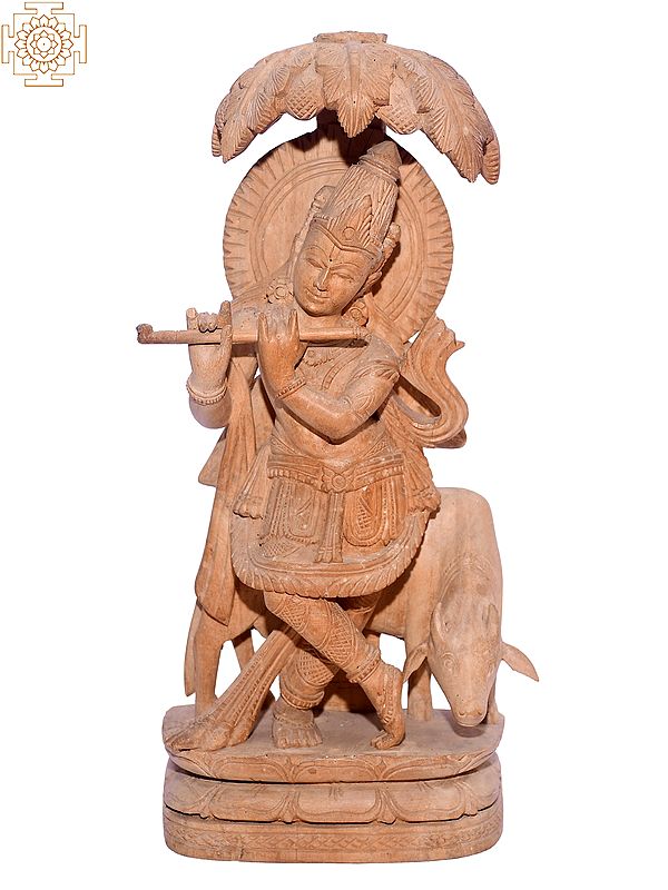 12" Shri Krishna Idol Playing Flute with Cow | Odisha Wood Statue