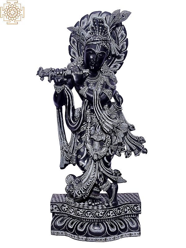 24" Lord Krishna Standing With Flute | Granite Stone Statue