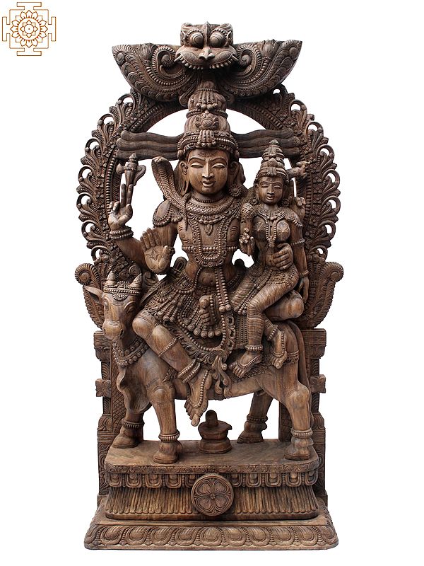 "Uma-Maheshwara" Large Wooden Shiva Parvati Seated on Nandi with Kirtimukha Arch