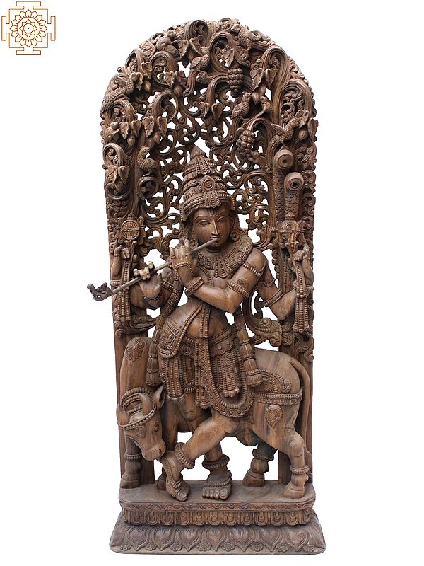 84" Large Wooden Standing Bhagawan Venugopal with a Cow Playing the Flute