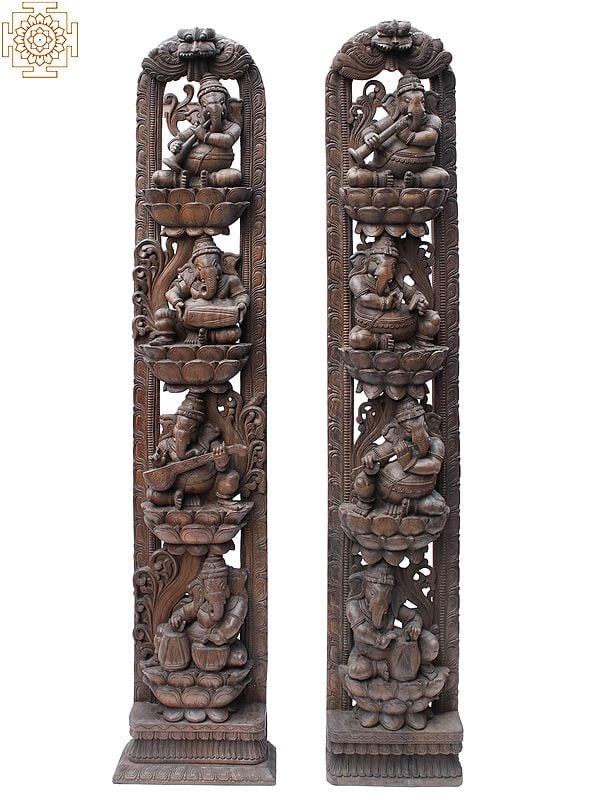 97" Large Wooden Vertical Musical Ganesha Panels (Pair)