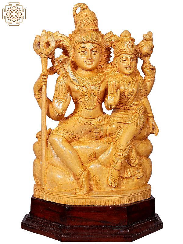 16" Lord Shiva with Parvati Seated on Throne | Wooden Statue