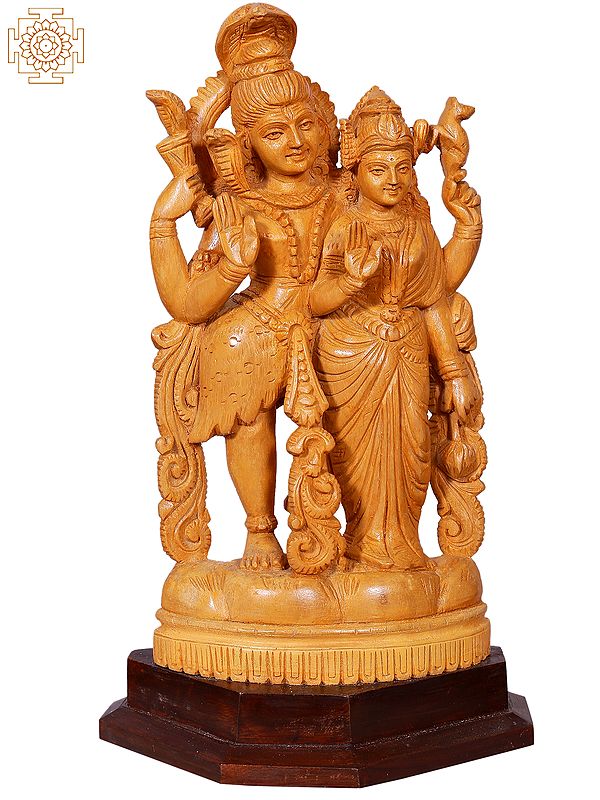 13" Lord Shiva With Parvati Standing On Pedestal | Wooden Statue