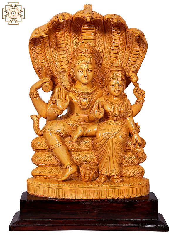 16" Lord Shiva and Parvati Sitting on Sheshnag | Wooden Statue