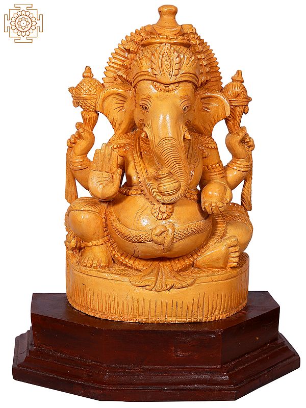 10" Lord Ganpati Seated On Throne | Wooden Statue