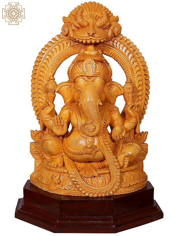 14" Kirtimukha Lord Ganpati Idol Seated on Pedestal | Wooden Statue