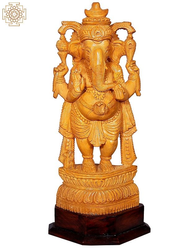 13" Standing Chaturbhuja Ganesha Wooden Sculpture