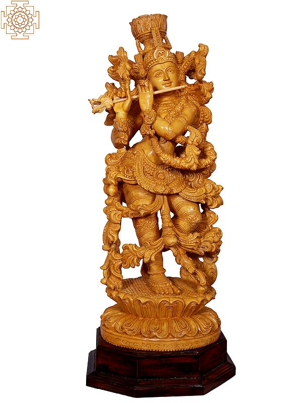 31"  Large Wooden Lord Krishna Playing Flute