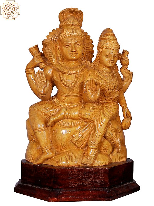 10'' Shiva Parvati Seated Together | Wooden Statue