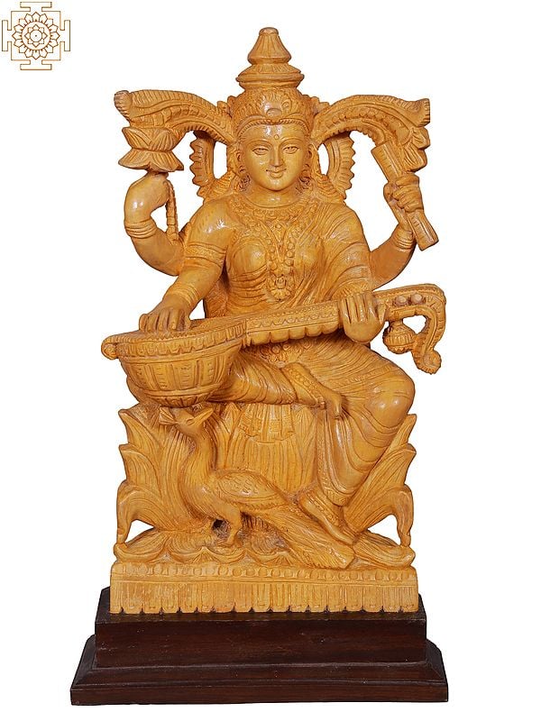 16'' Goddess Saraswati With Peacock | Wooden Statue