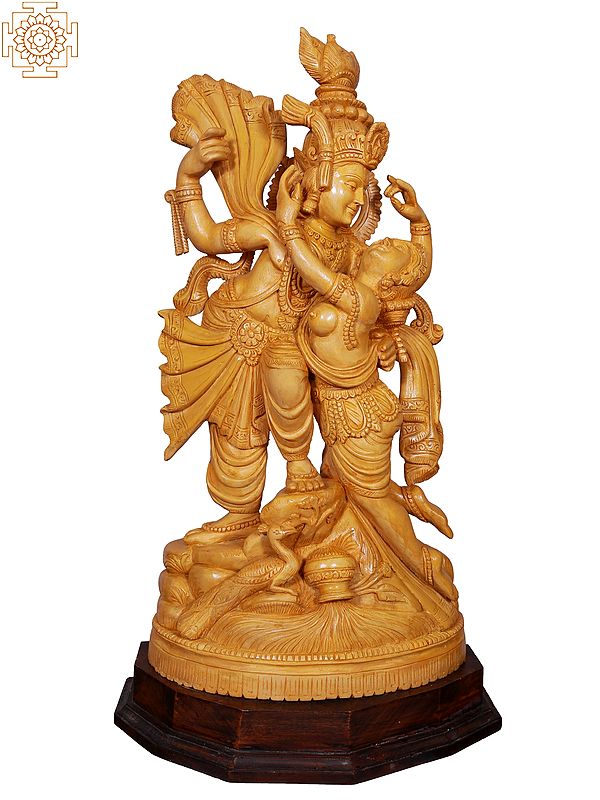 30'' Wooden Statue of Radha Krishna in Love
