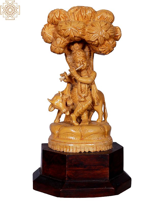 Lord Krishna Wooden Statue in Tribhanga Pose with a Cow