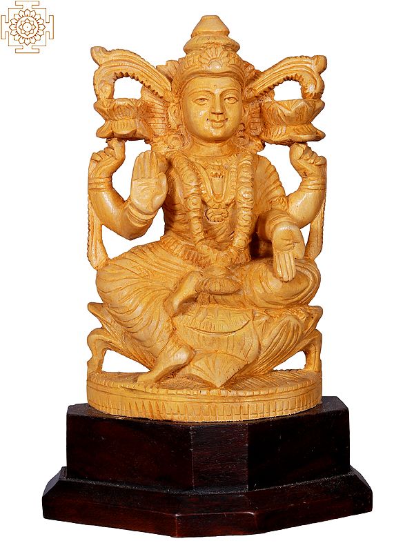 Wooden Statue of Goddess Lakshmi Seated Lotus