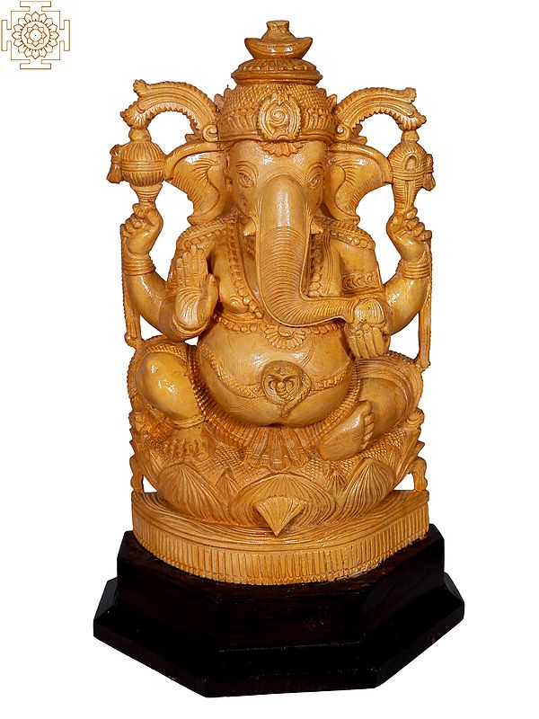 Wooden Statue of Lord Ganesh Seated on Lotus Throne