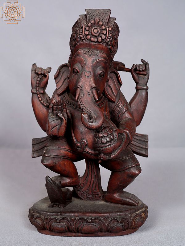10" Wooden Statue of Lord Ganesha Dancing on Pedestal from Nepal
